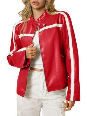 Women's Red Faux Oversized Motorcycle Bomber Coats Fashion Outfits Jacket